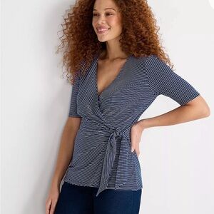 Lands End- NWT Elbow Jersey Striped Navy & White Side Tie Blouse- XL
